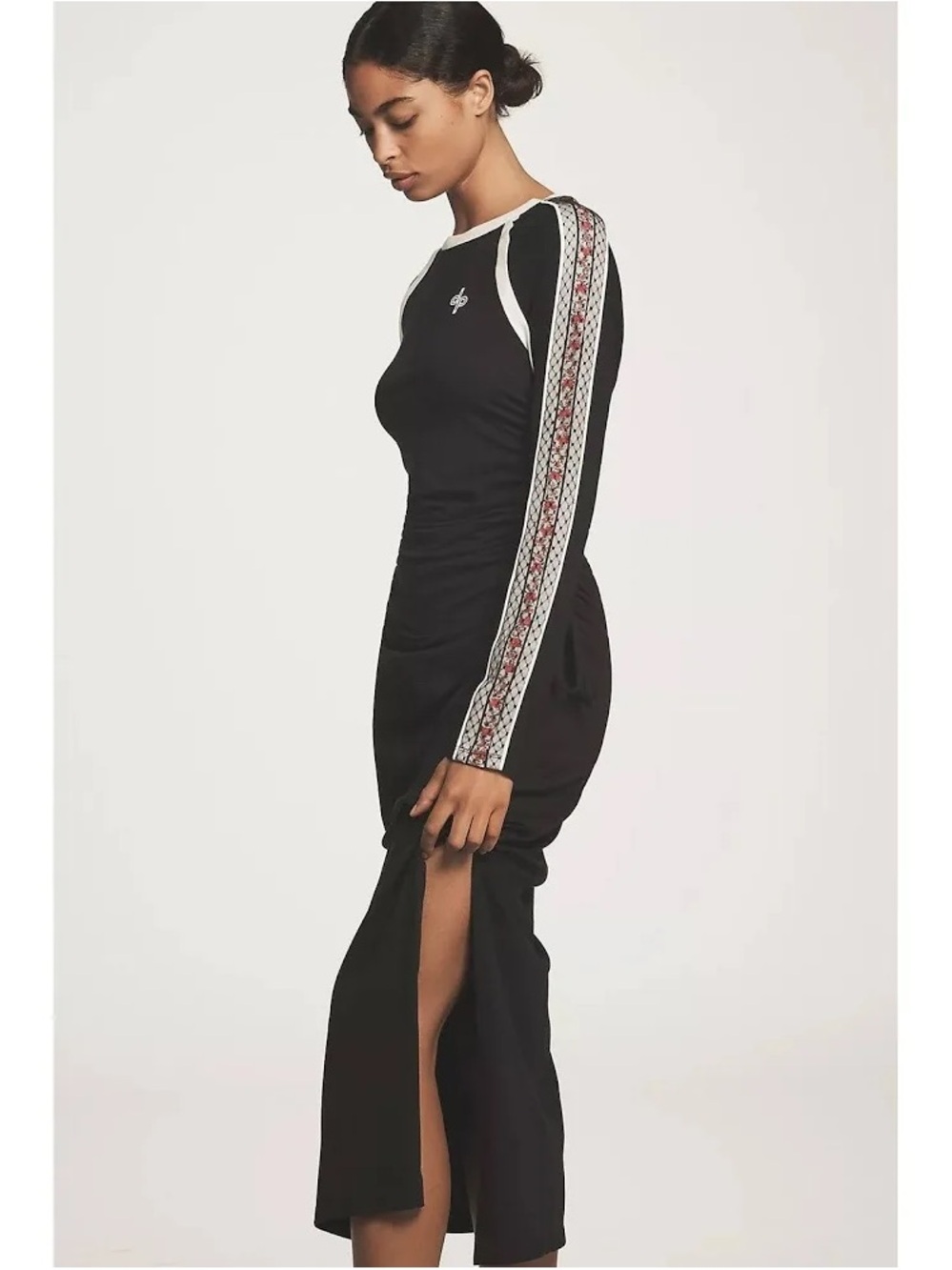 Anthropologie Black Long-Sleeve Maxi Dress with Embroidered Sleeve Stripe